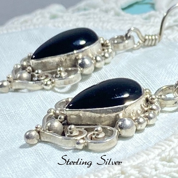 Black Onyx & Sterling Silver Mexico Filigree Dangle Earrings